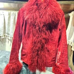 RAFFAELO RED SUEDE JACKET FAUX FUR TRIM.. SIZE XS